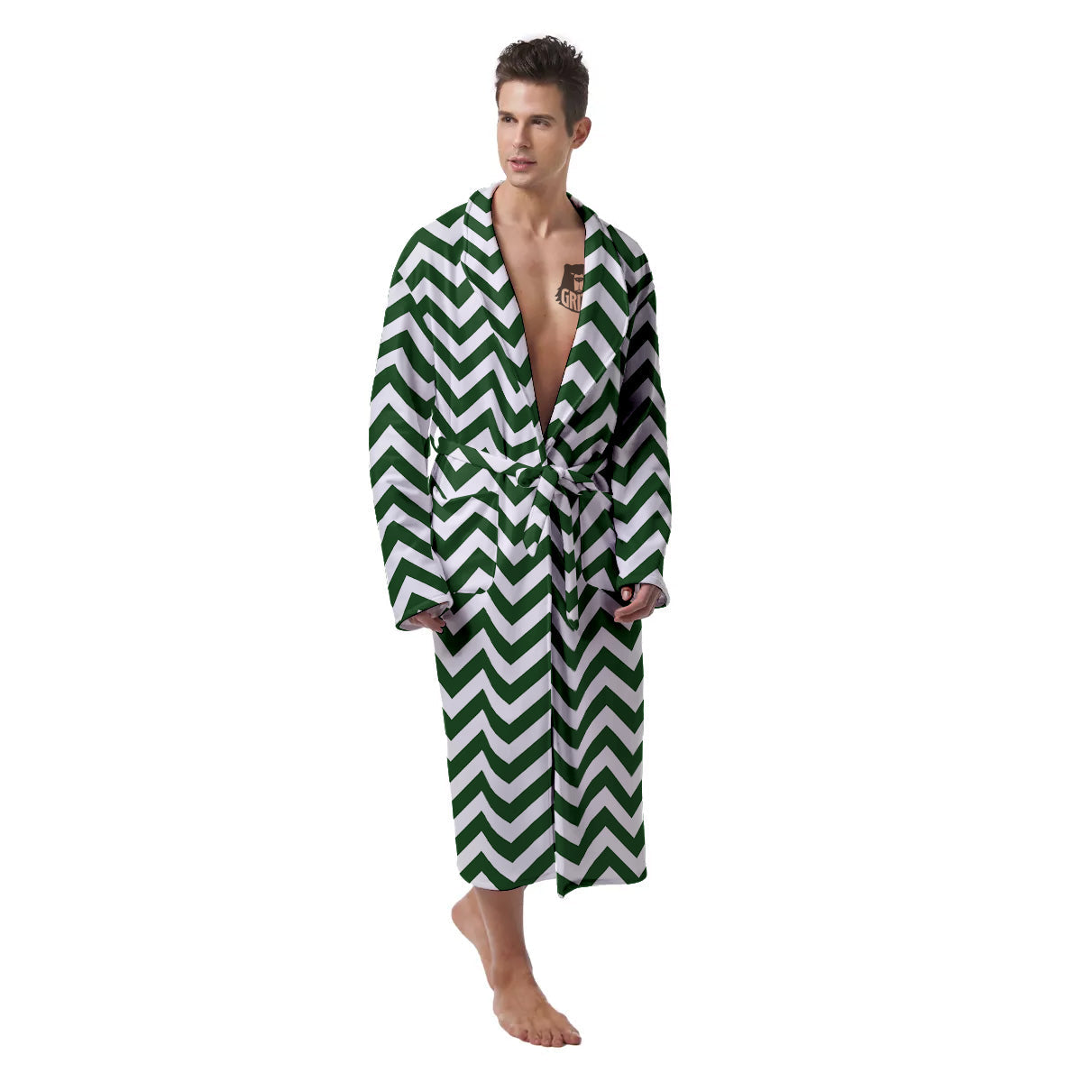 Dark Green Zigzag Print Pattern Men's Robe-grizzshop