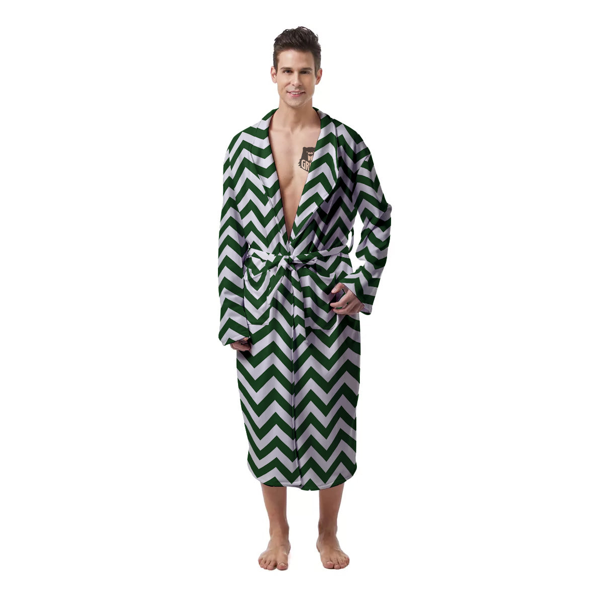 Dark Green Zigzag Print Pattern Men's Robe-grizzshop