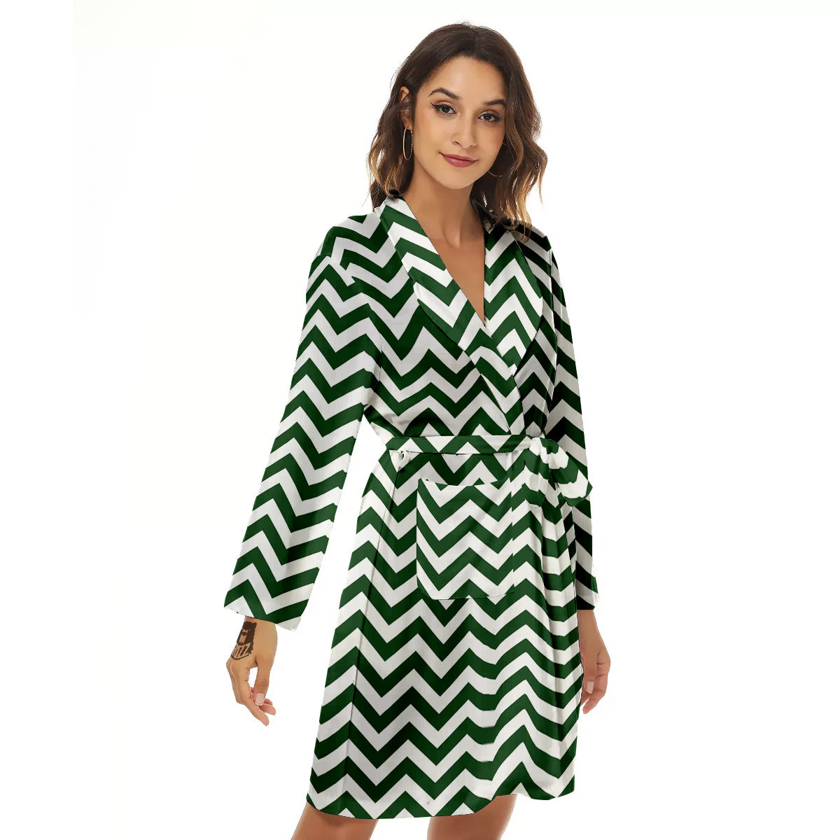 Dark Green Zigzag Print Pattern Women's Robe-grizzshop