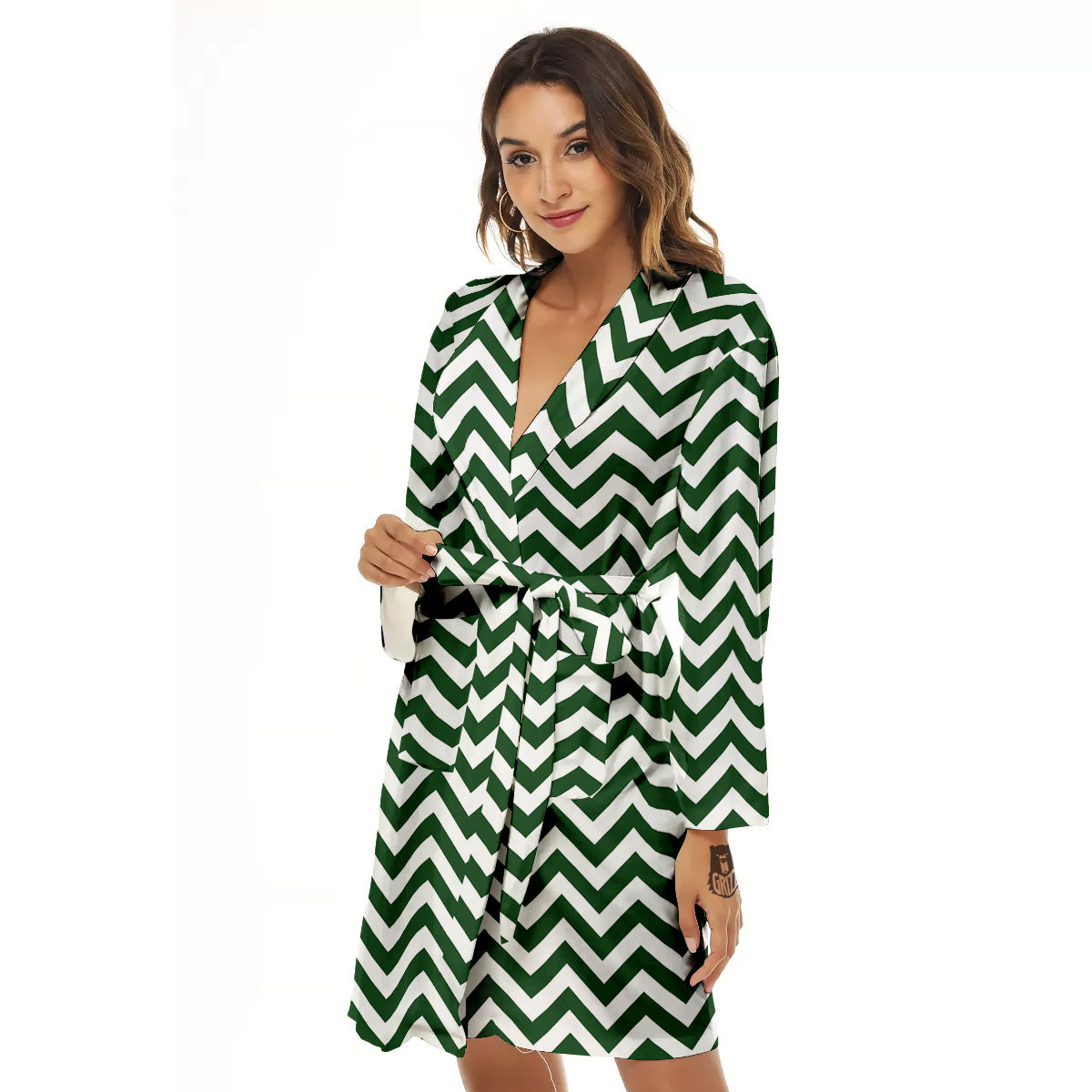 Dark Green Zigzag Print Pattern Women's Robe-grizzshop