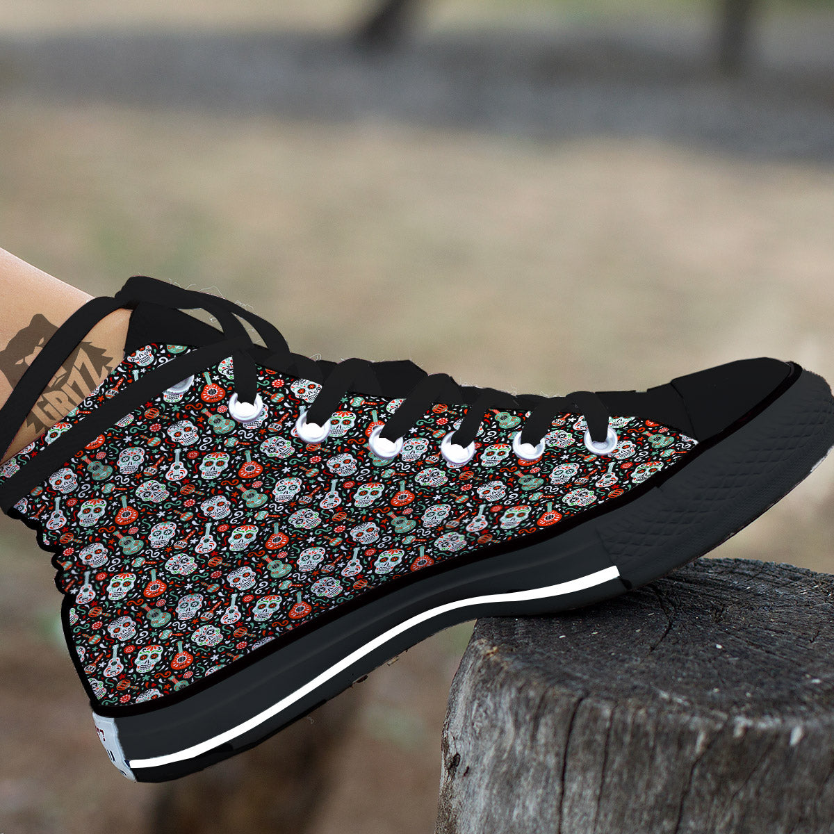 Day Of The Dead Calaveras Print Pattern Black High Top Shoes-grizzshop