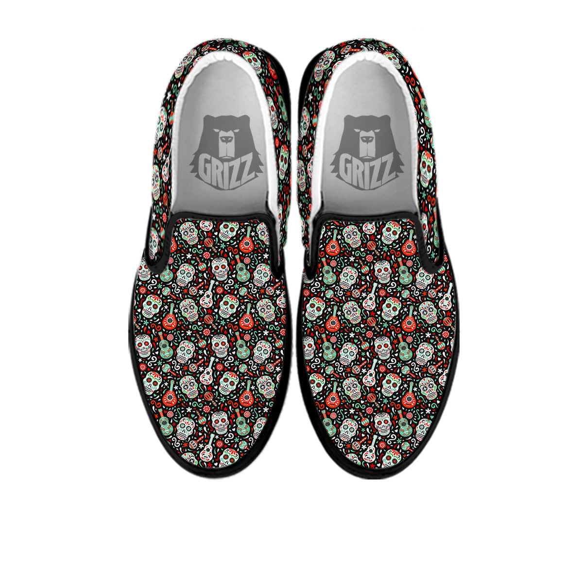Day Of The Dead Calaveras Print Pattern Black Slip On Shoes-grizzshop