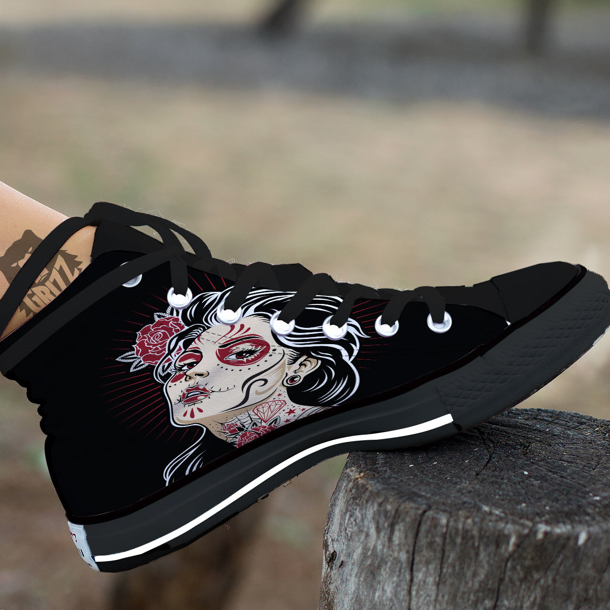 Day of The Dead Calavera Girl Print Black High Top Shoes-grizzshop