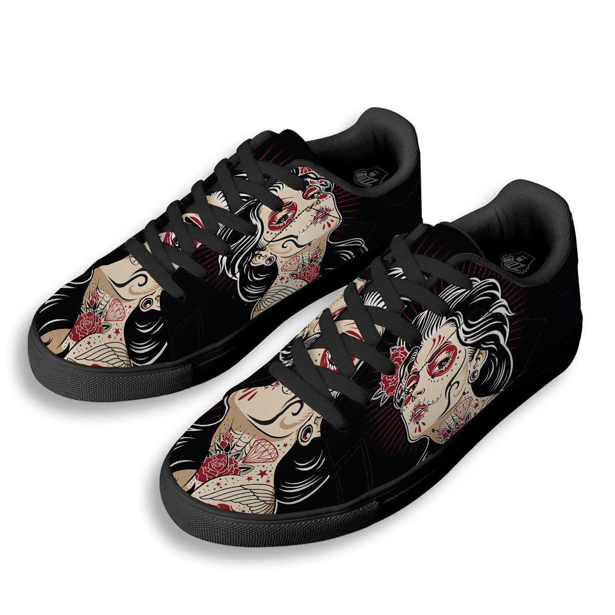 Day of The Dead Calavera Girl Print Black Low Top Sneakers-grizzshop
