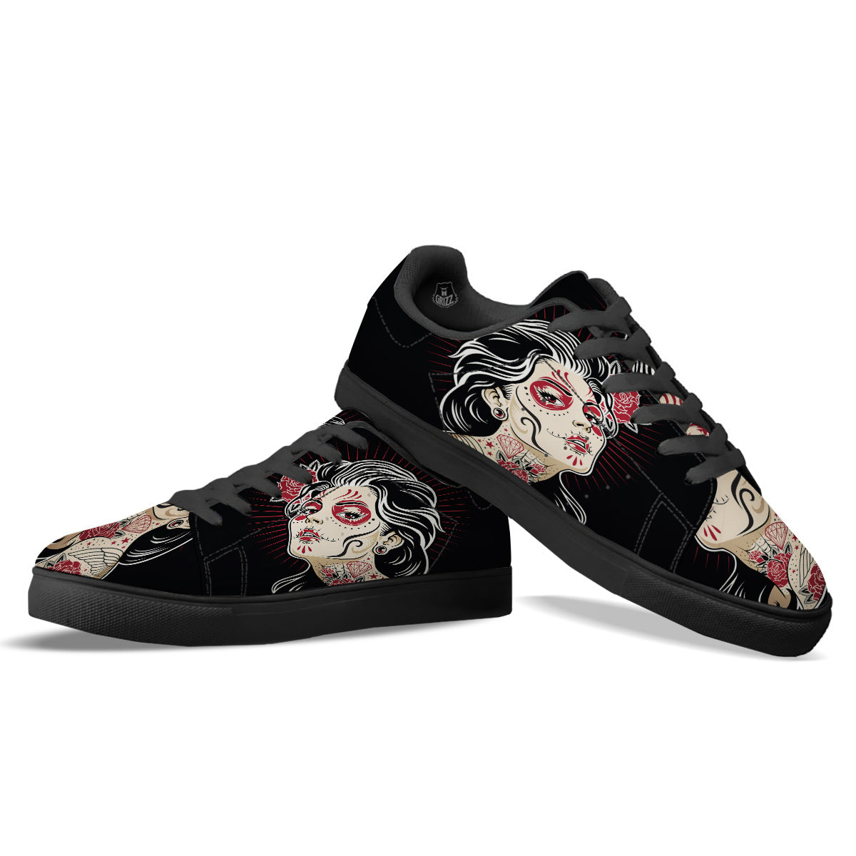 Day of The Dead Calavera Girl Print Black Low Top Sneakers-grizzshop