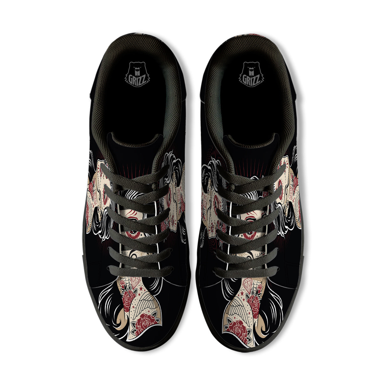 Day of The Dead Calavera Girl Print Black Low Top Sneakers-grizzshop