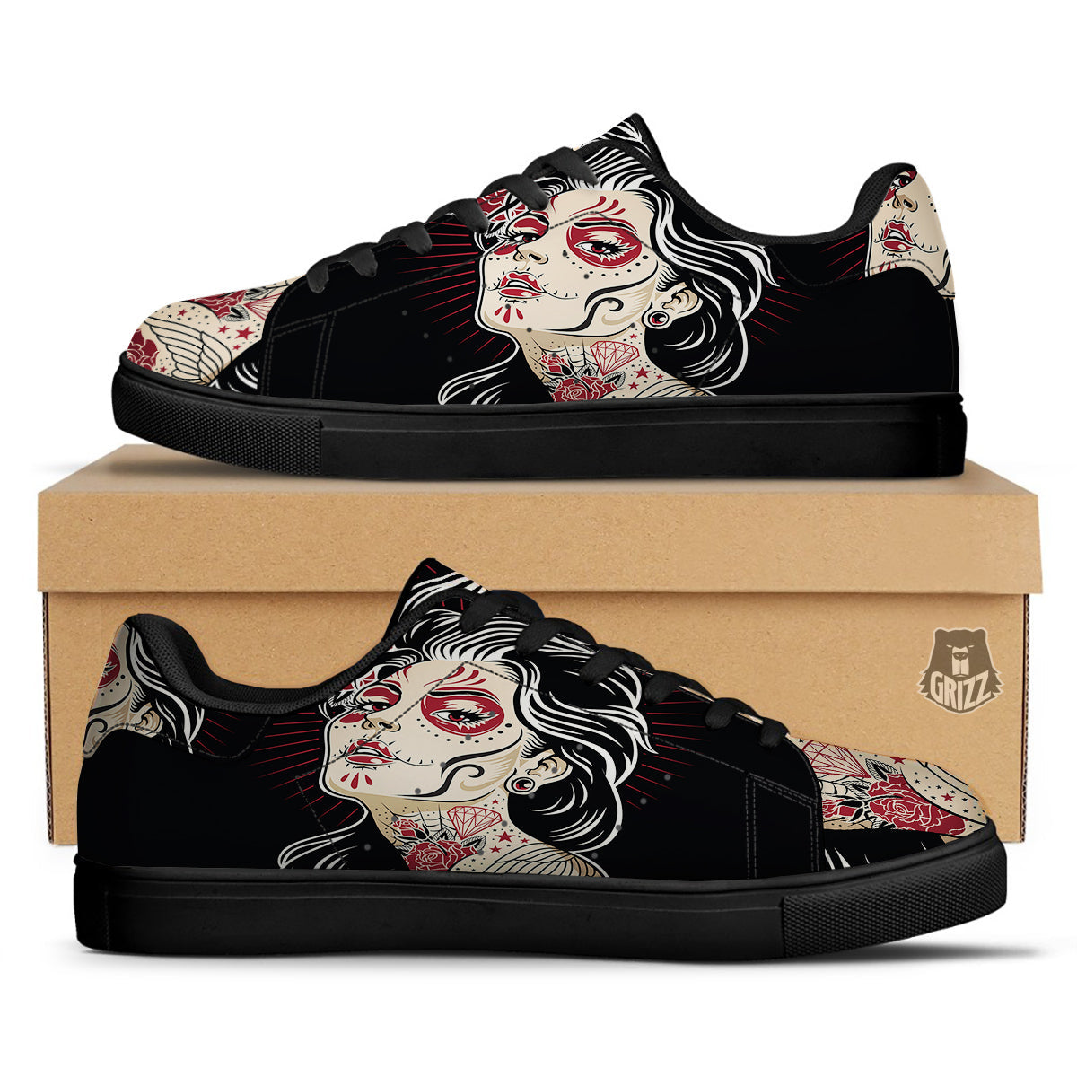 Day of The Dead Calavera Girl Print Black Low Top Sneakers-grizzshop