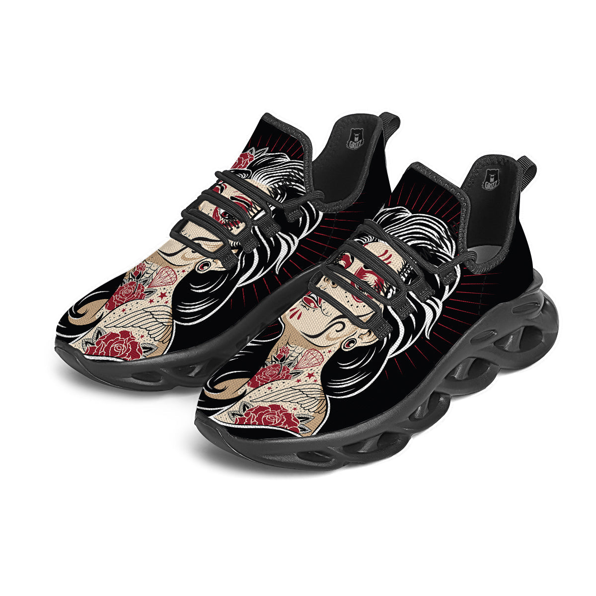 Day of The Dead Calavera Girl Print Black Running Shoes-grizzshop