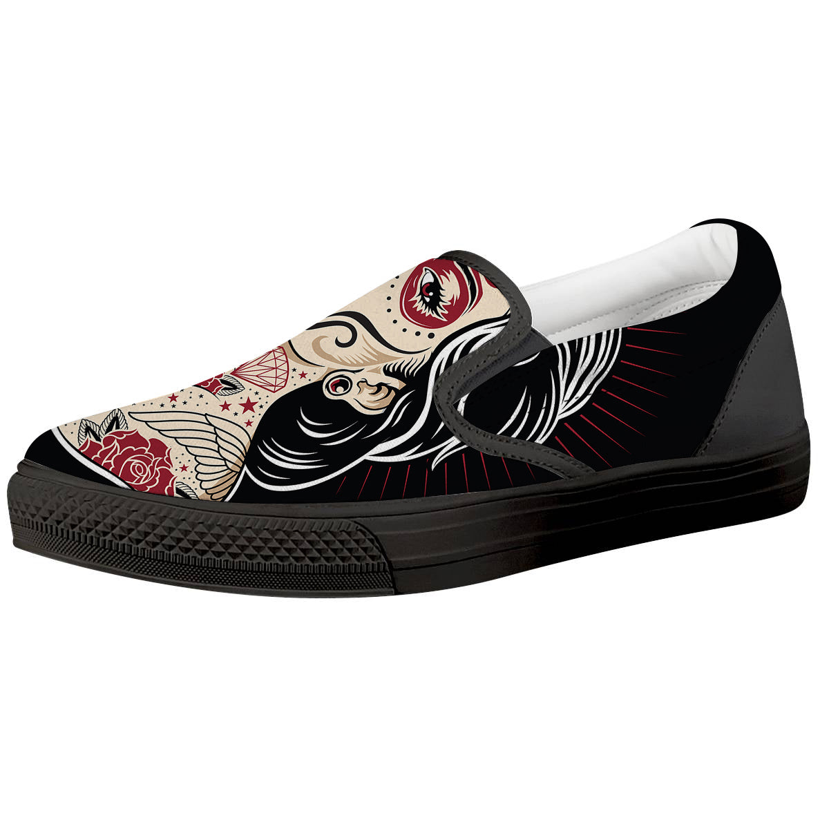 Day of The Dead Calavera Girl Print Black Slip On Shoes-grizzshop