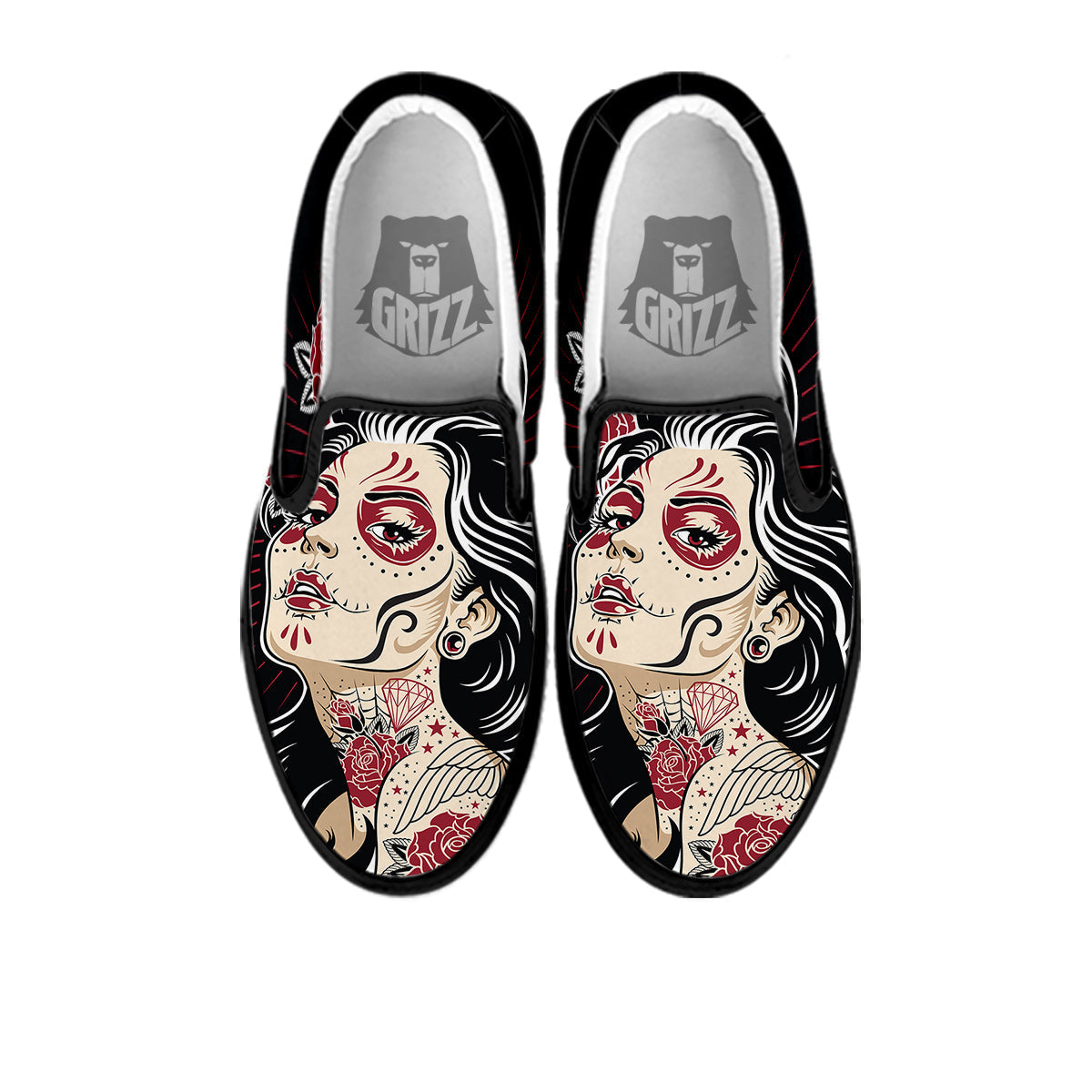 Day of The Dead Calavera Girl Print Black Slip On Shoes-grizzshop