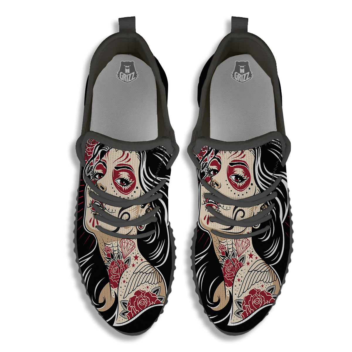 Day of The Dead Calavera Girl Print Black Walking Shoes-grizzshop
