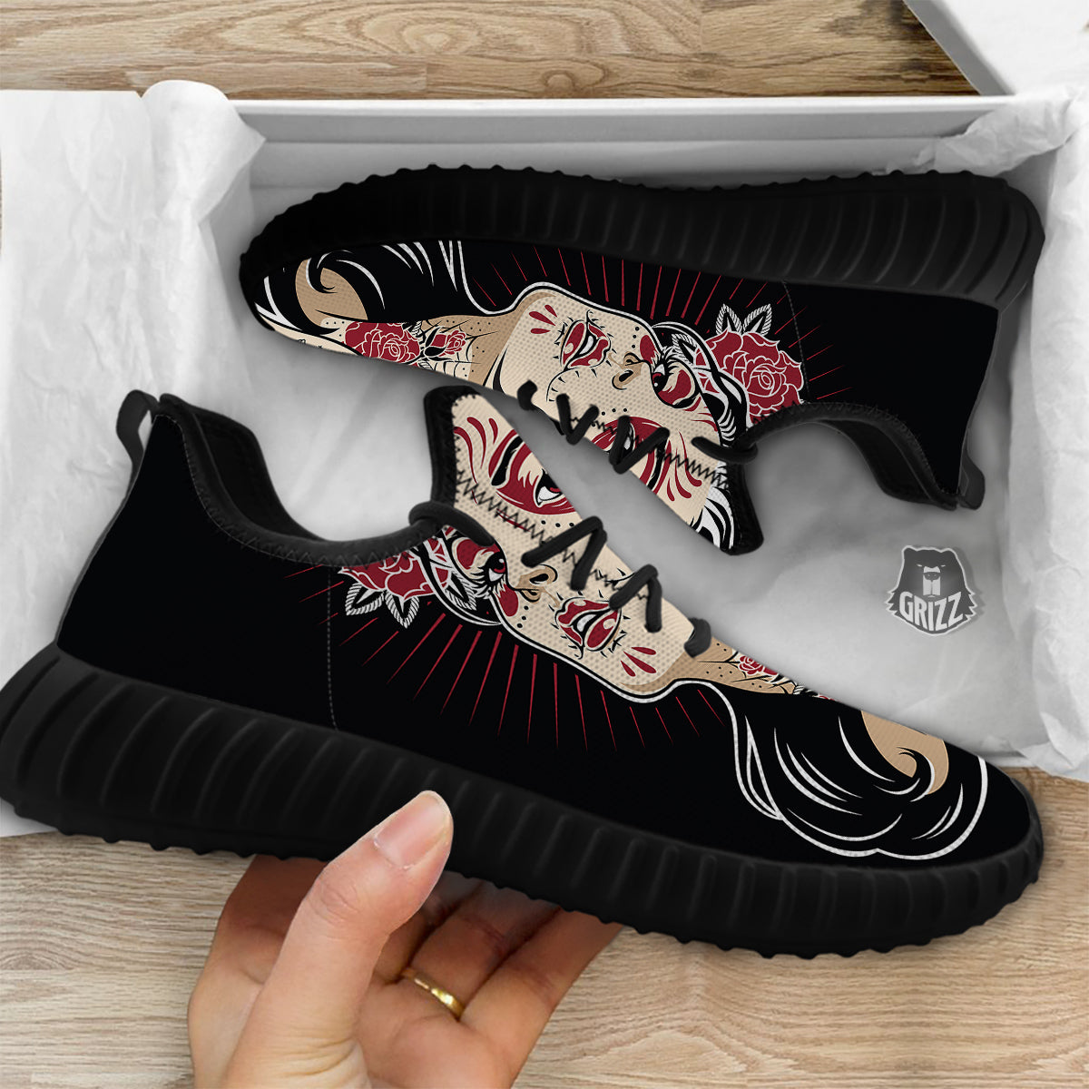 Day of The Dead Calavera Girl Print Black Walking Shoes-grizzshop