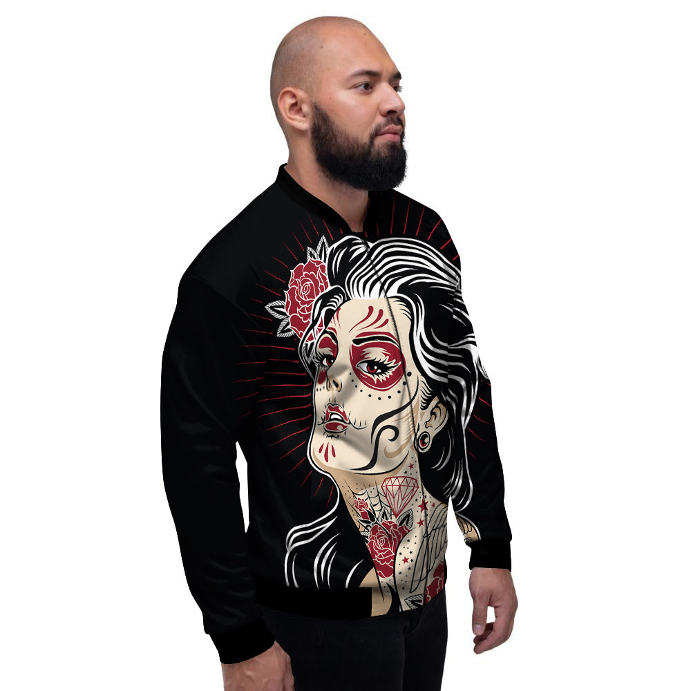 Day of The Dead Calavera Girl Print Men's Bomber Jacket-grizzshop