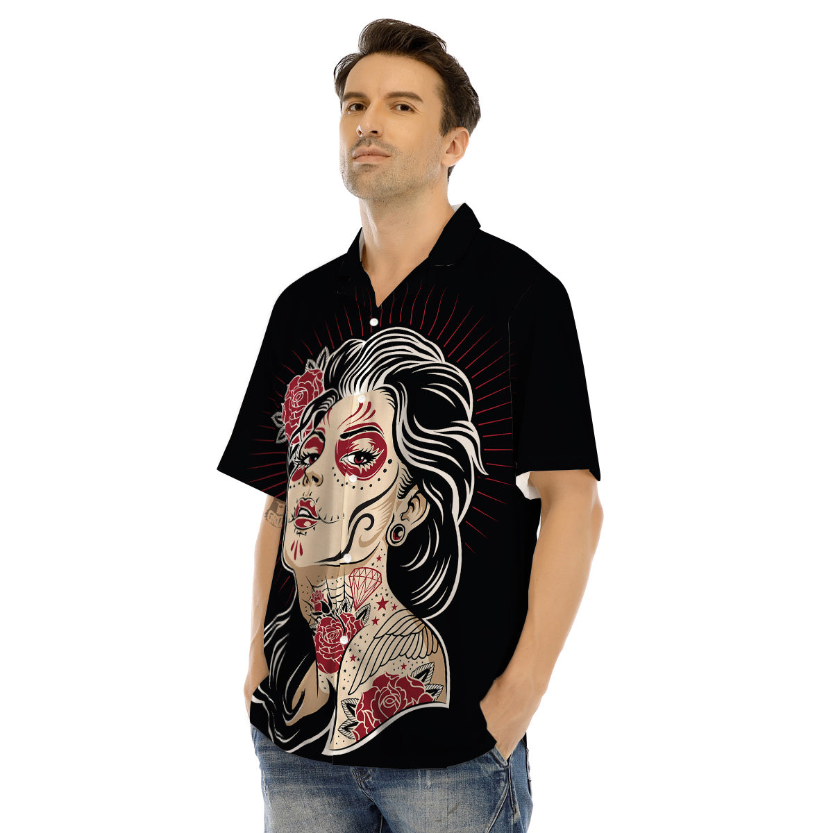 Day of The Dead Calavera Girl Print Men's Hawaiian Shirt-grizzshop