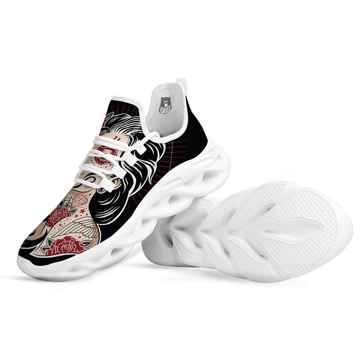 Day of The Dead Calavera Girl Print White Running Shoes-grizzshop