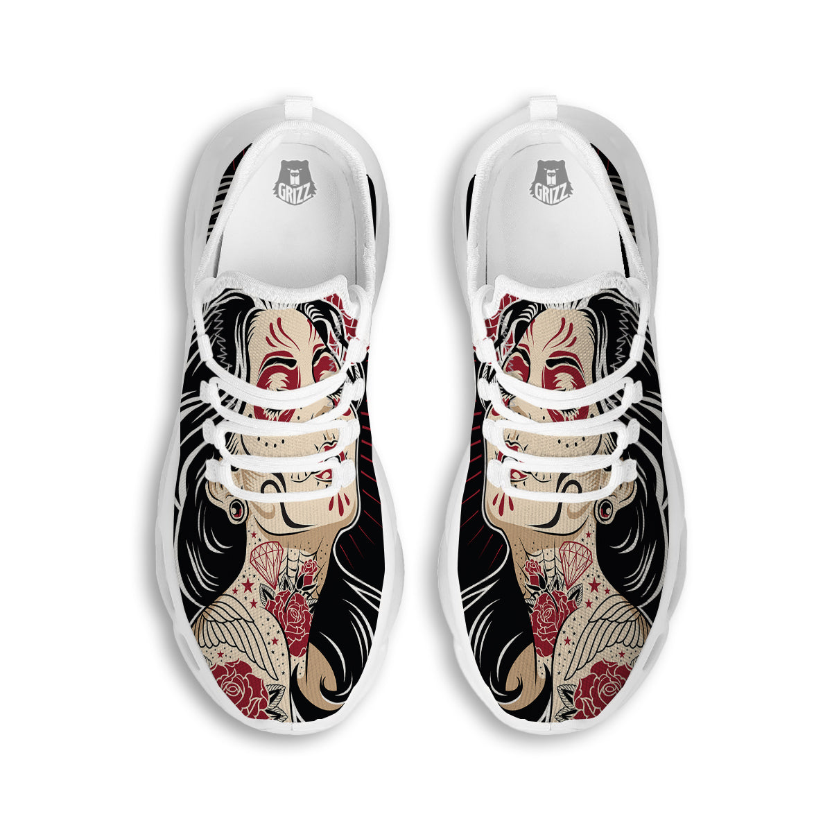 Day of The Dead Calavera Girl Print White Running Shoes-grizzshop