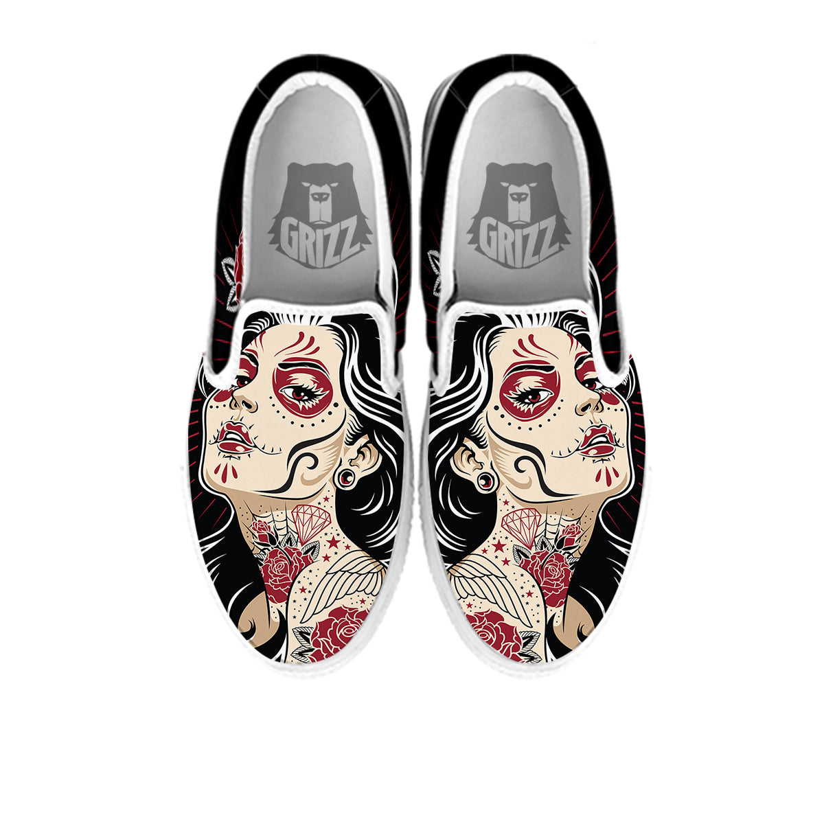 Day of The Dead Calavera Girl Print White Slip On Shoes-grizzshop