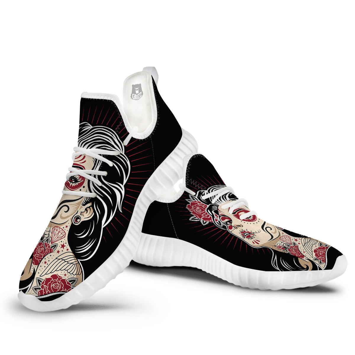 Day of The Dead Calavera Girl Print White Walking Shoes-grizzshop