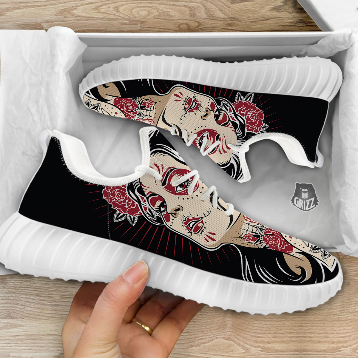 Day of The Dead Calavera Girl Print White Walking Shoes-grizzshop