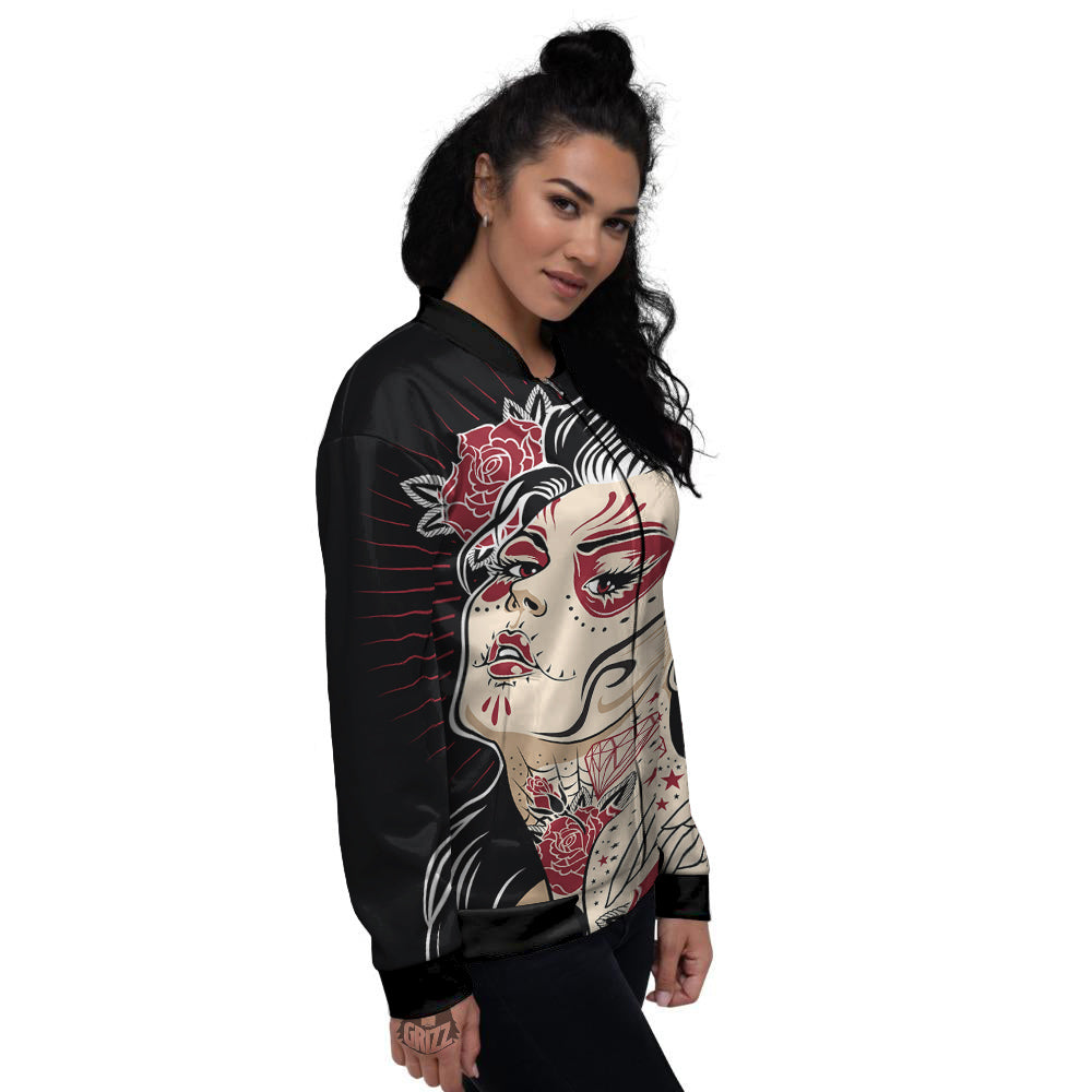Day of The Dead Calavera Girl Print Women's Bomber Jacket-grizzshop