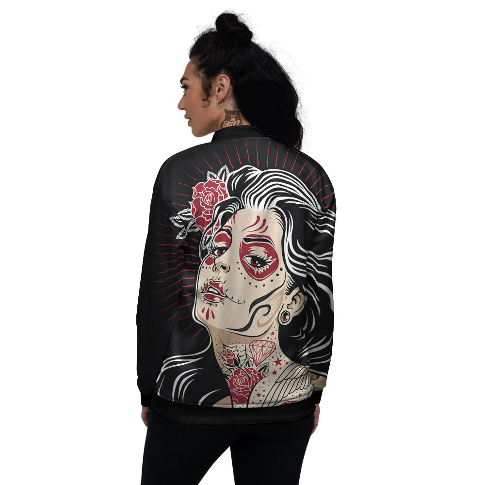 Day of The Dead Calavera Girl Print Women's Bomber Jacket-grizzshop