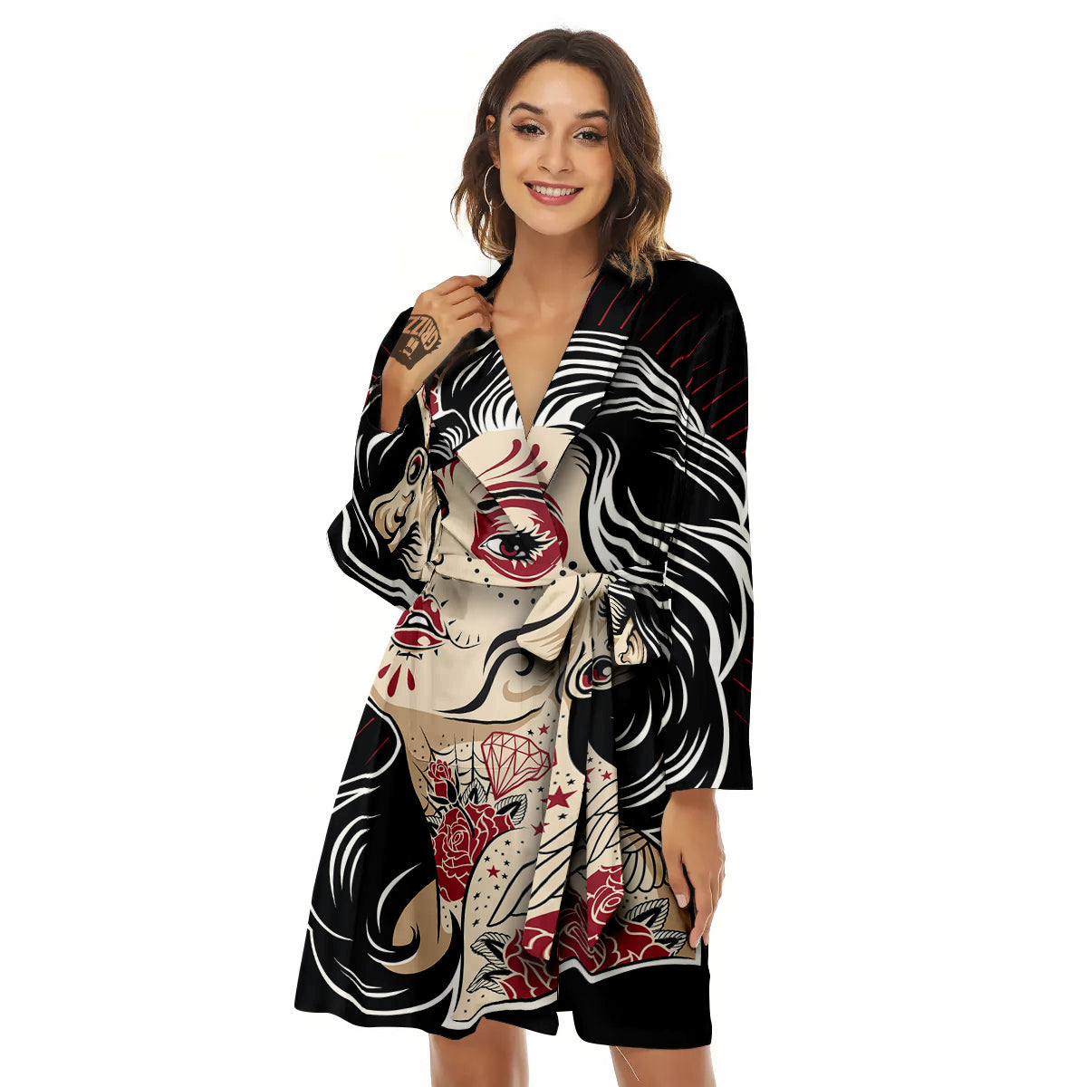 Day of The Dead Calavera Girl Print Women's Robe-grizzshop