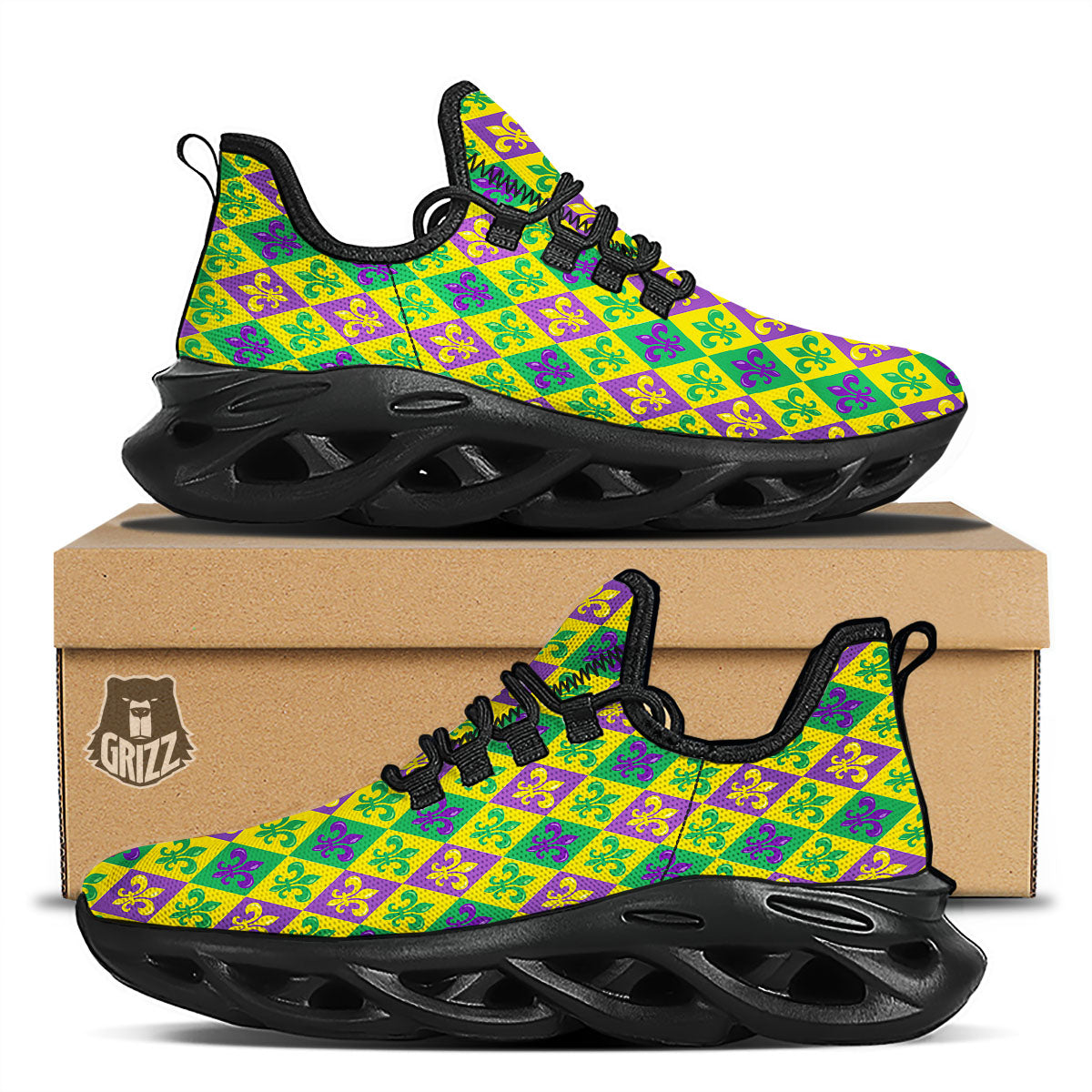 De Lis Mardi Gras Print Pattern Black Running Shoes-grizzshop