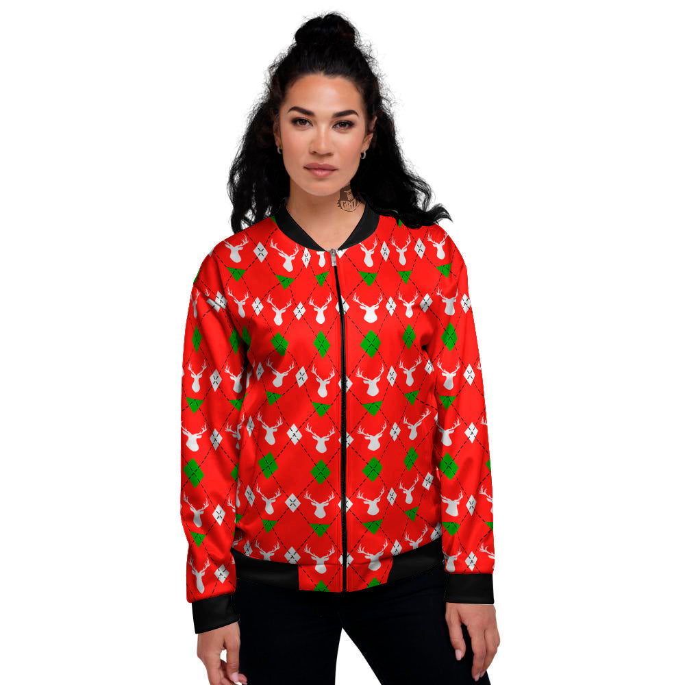 Deer Argyle Christmas Print Pattern Women's Bomber Jacket-grizzshop