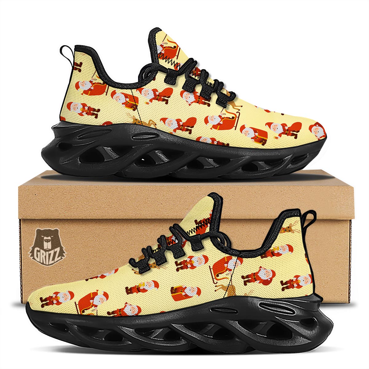 Deer Santa Claus Print Pattern Black Running Shoes-grizzshop
