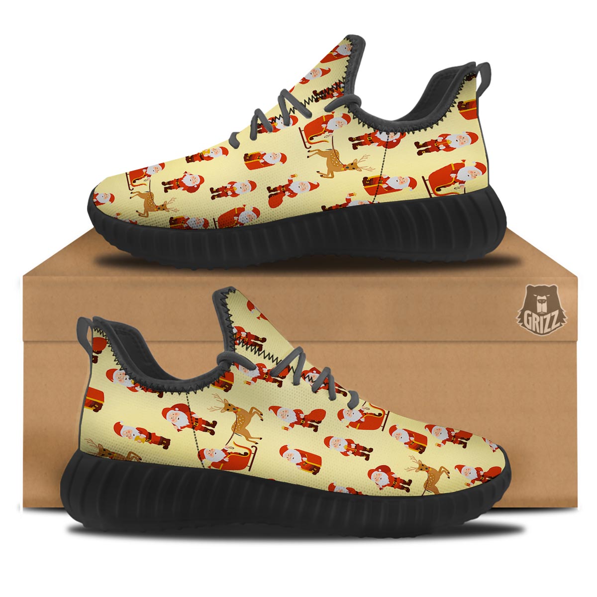 Deer Santa Claus Print Pattern Black Walking Shoes-grizzshop