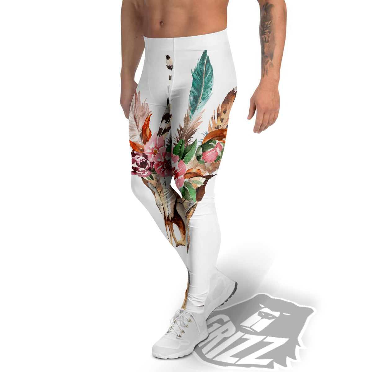 Deer Skull Boho Floral Print Men's Leggings-grizzshop