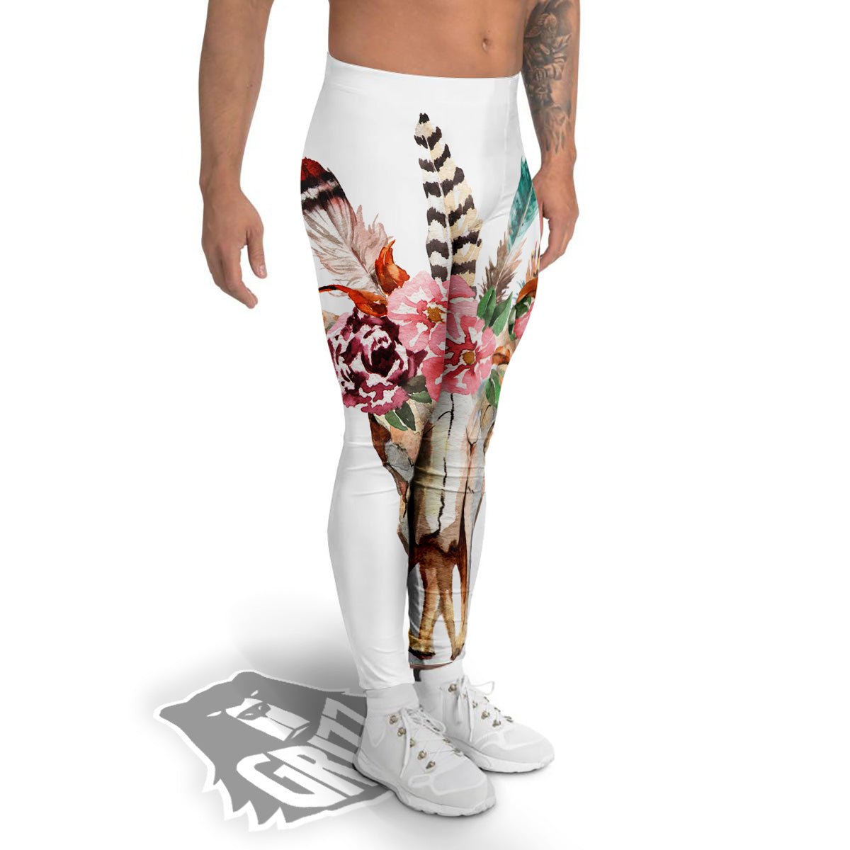 Deer Skull Boho Floral Print Men's Leggings-grizzshop