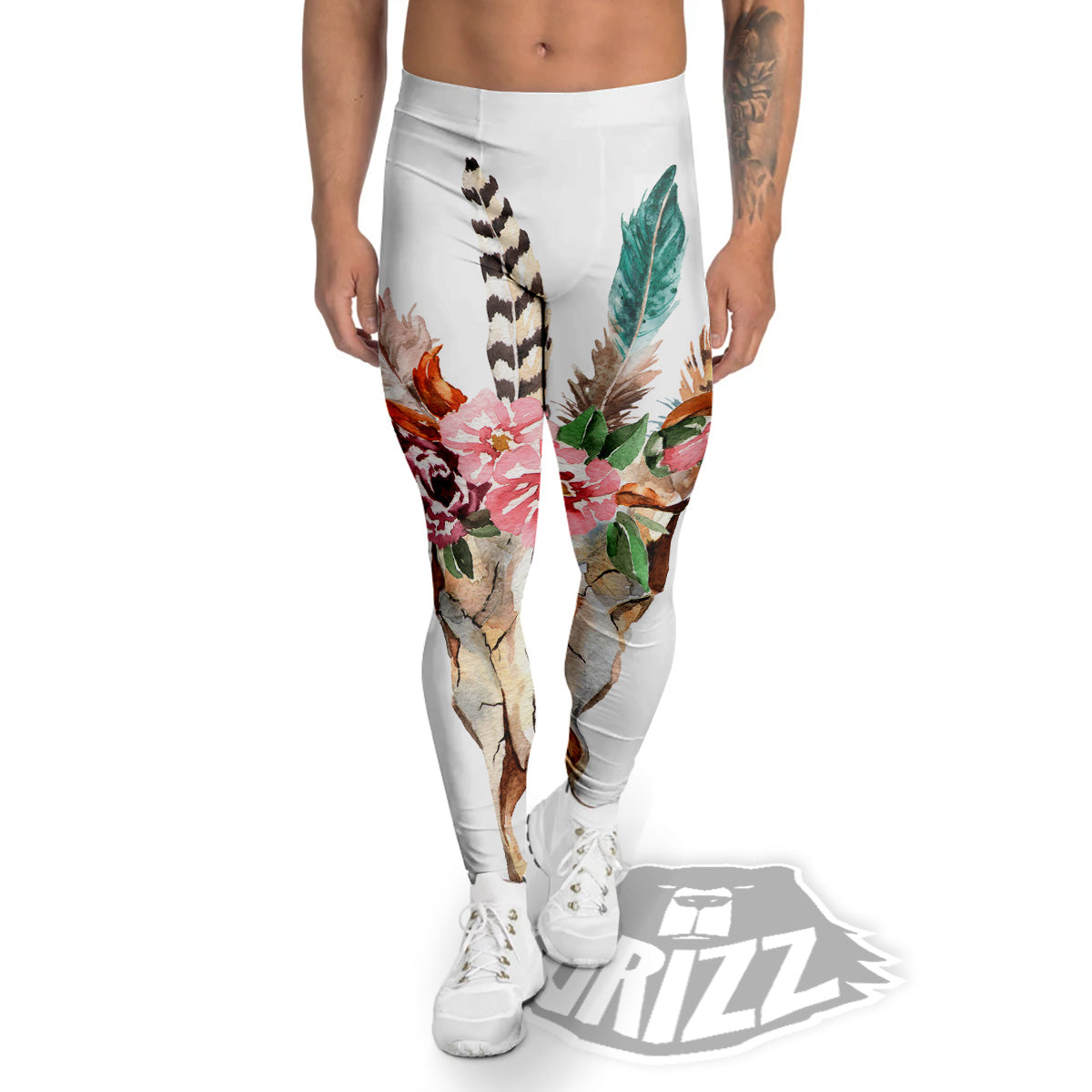 Deer Skull Boho Floral Print Men's Leggings-grizzshop
