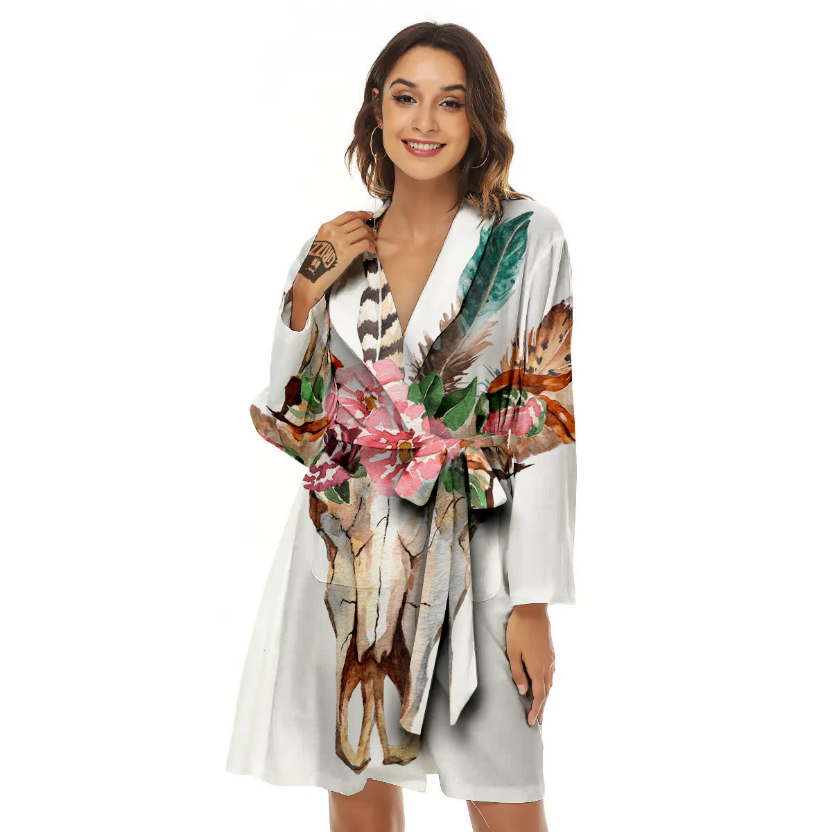 Deer Skull Boho Floral Print Women's Robe-grizzshop