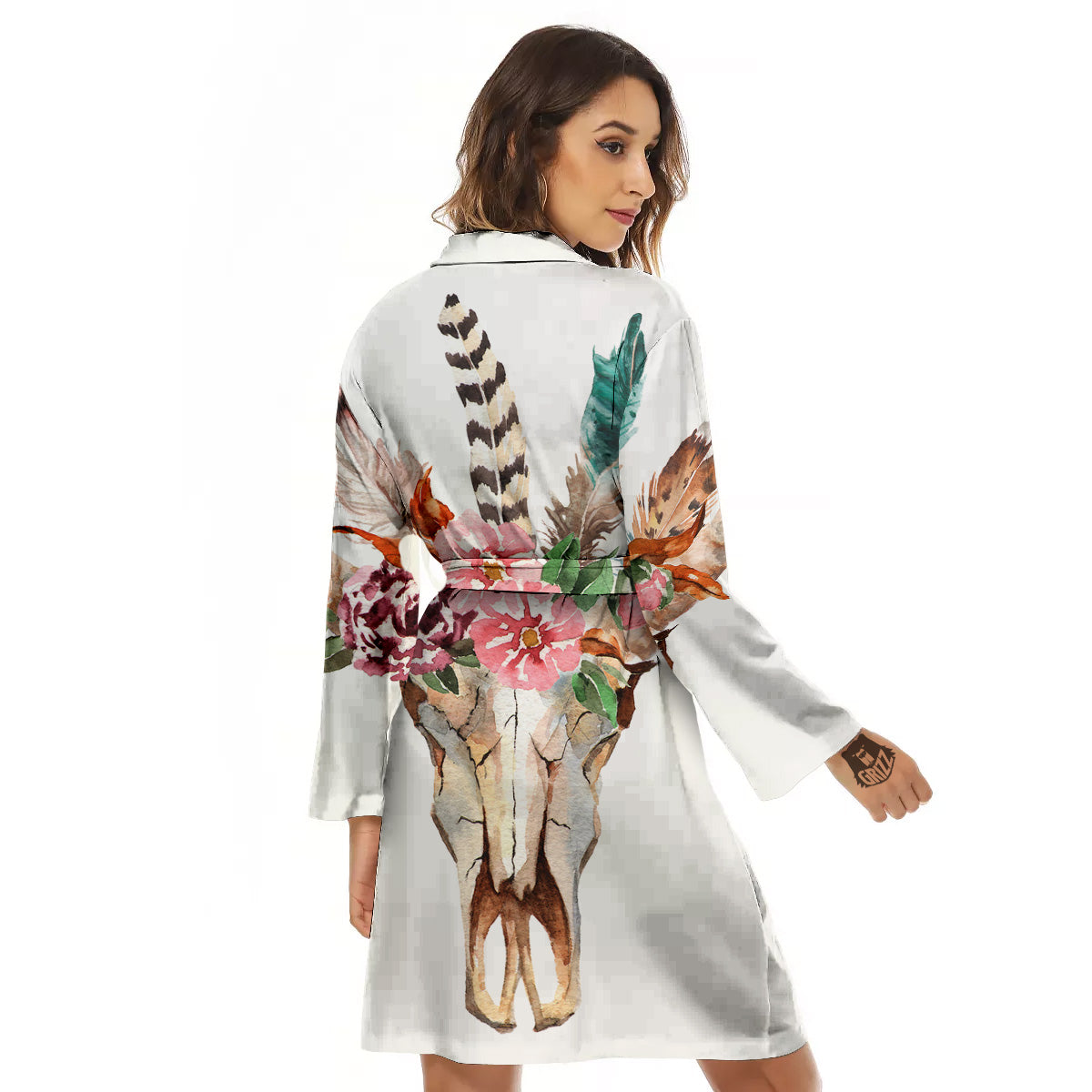 Deer Skull Boho Floral Print Women's Robe-grizzshop