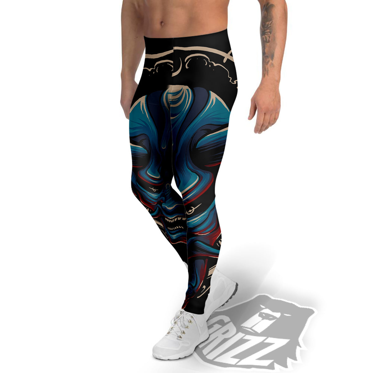 Demon Japanese Blue Print Men's Leggings-grizzshop