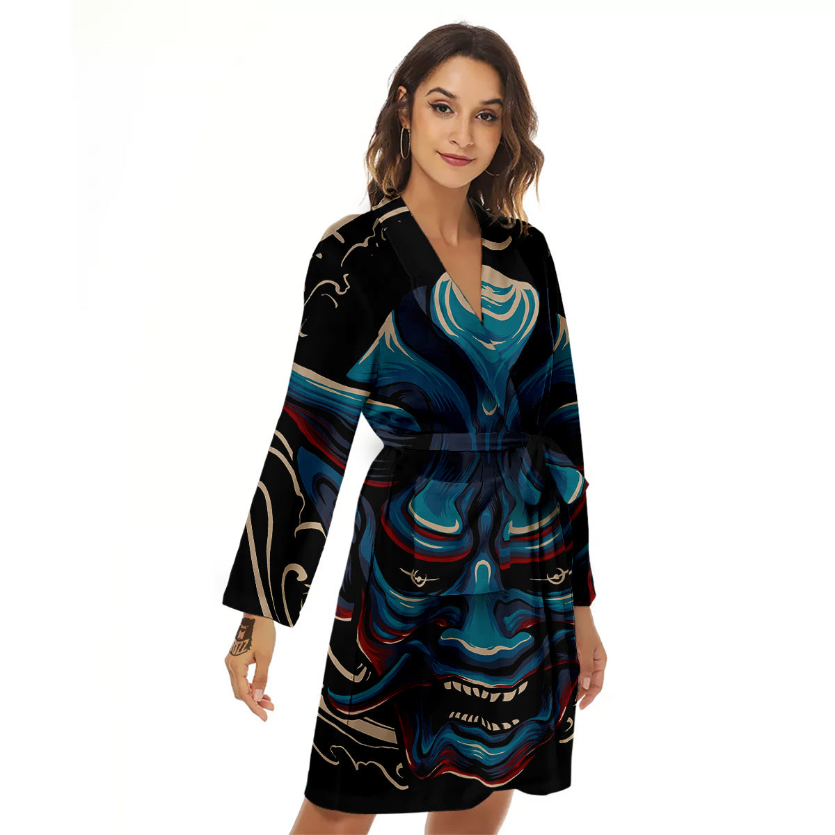 Demon Japanese Blue Print Women's Robe-grizzshop
