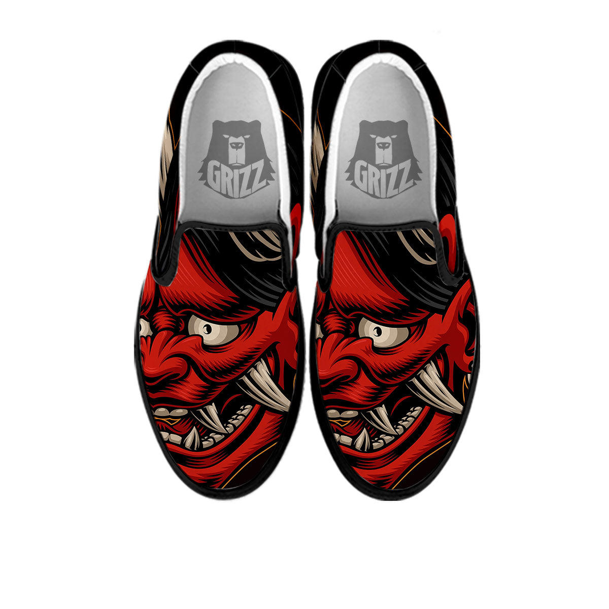 Demon Japanese Print Black Slip On Shoes-grizzshop