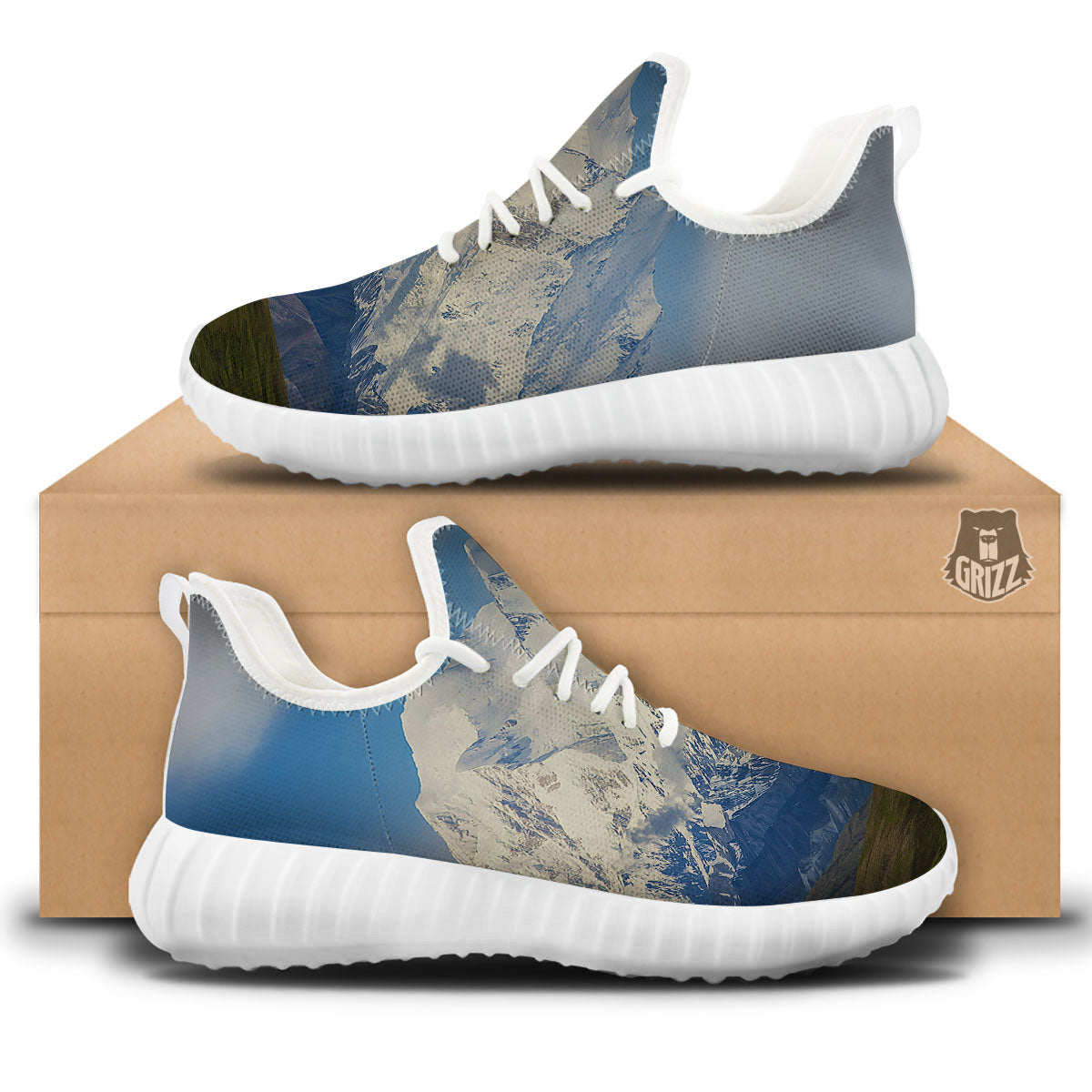 Denali Mountain Print White Walking Shoes-grizzshop