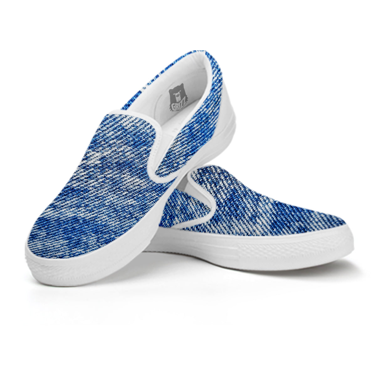 Denim Jeans Acid Wash Print Pattern White Slip On Shoes-grizzshop