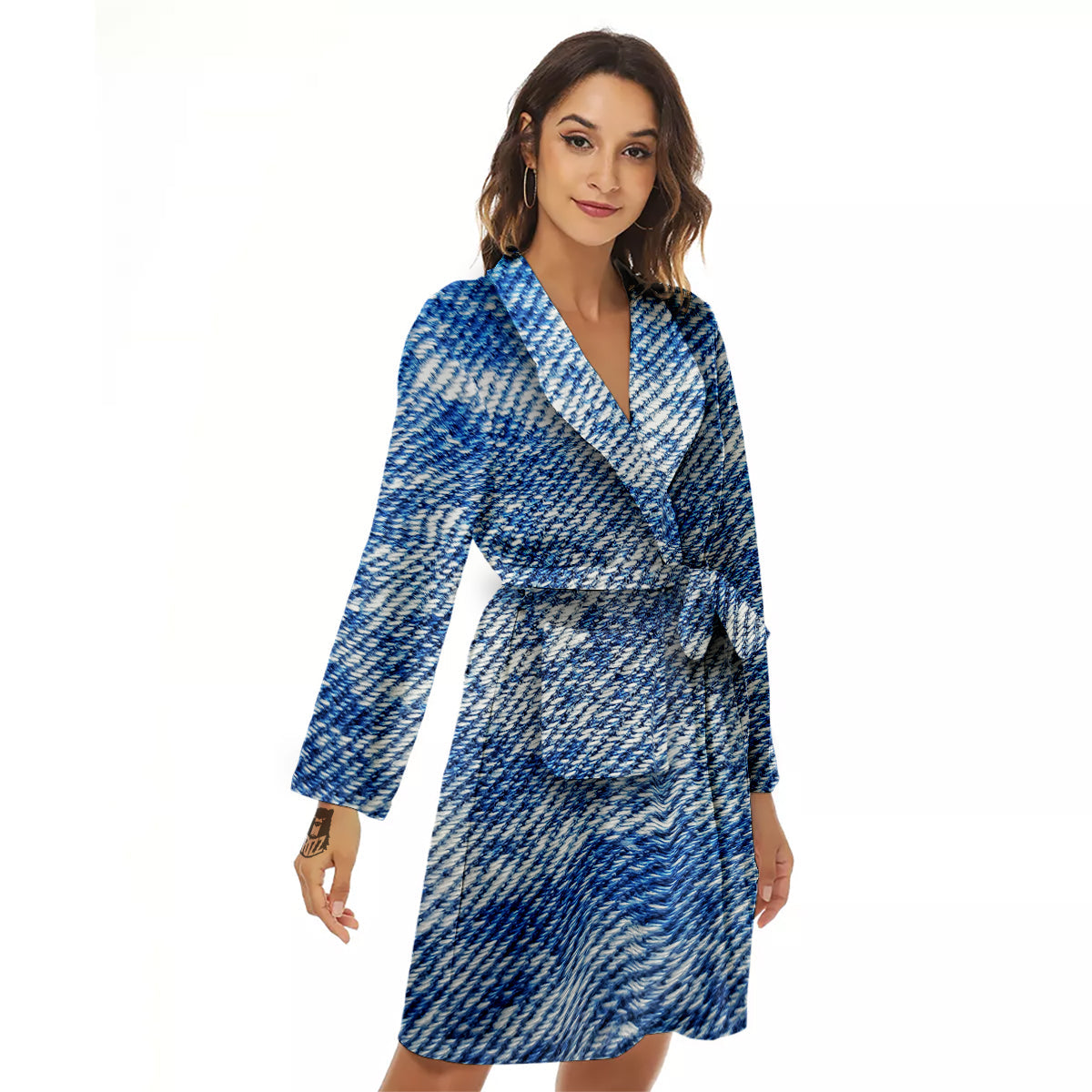 Denim Jeans Acid Wash Print Pattern Women's Robe-grizzshop