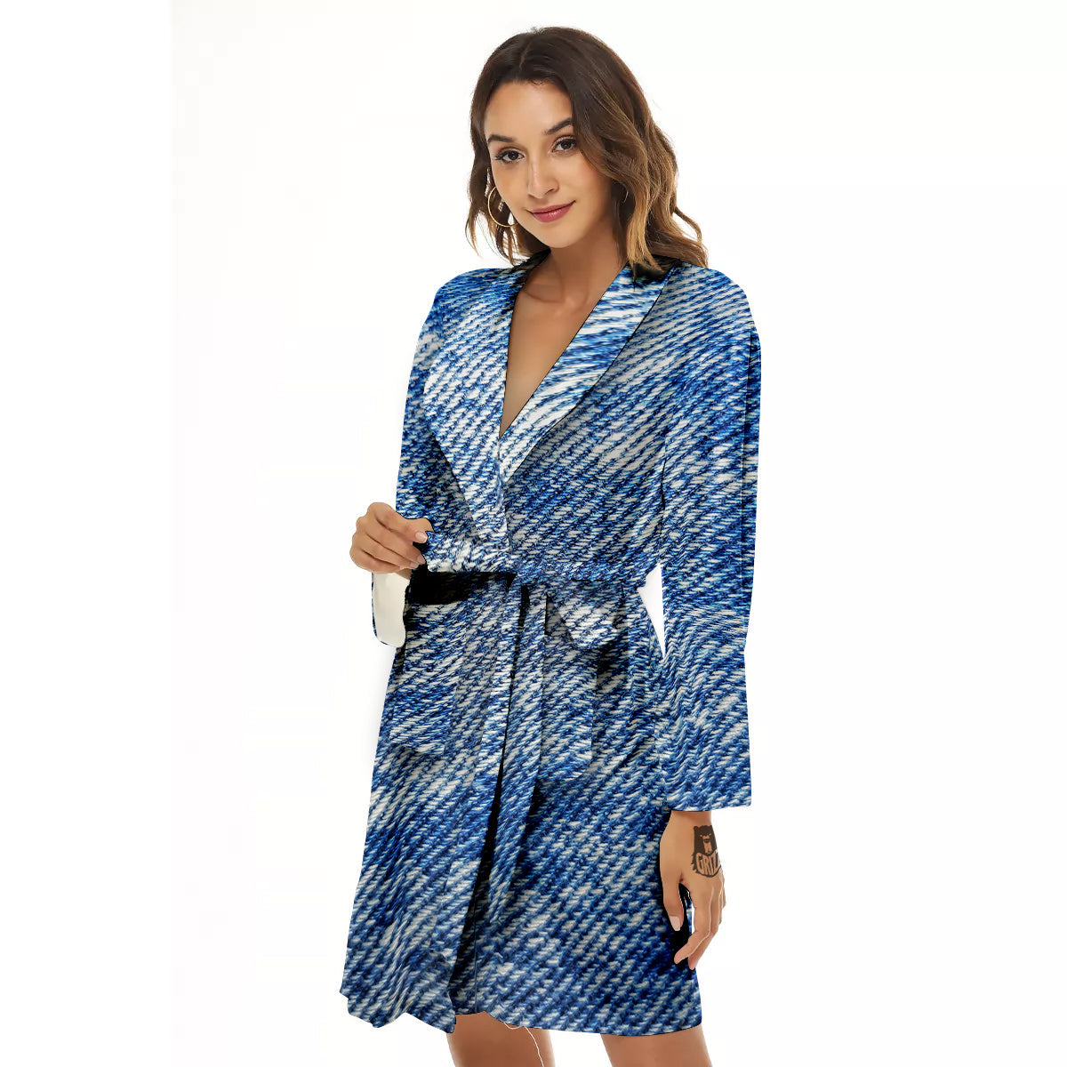 Denim Jeans Acid Wash Print Pattern Women's Robe-grizzshop