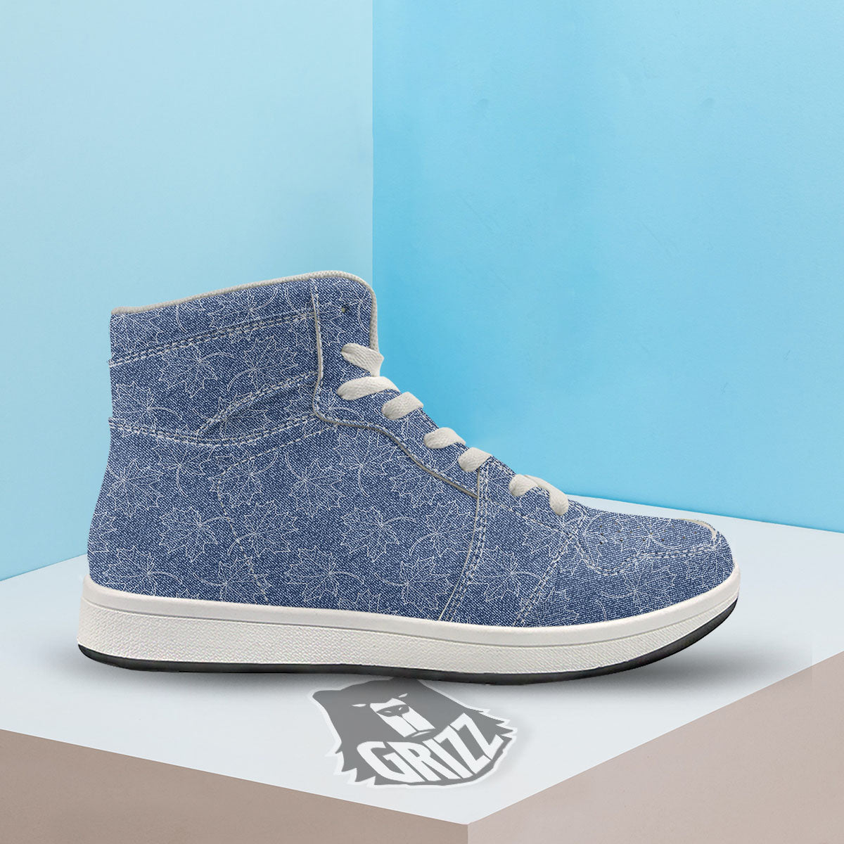 Denim Jeans Maple Leaf Print Pattern High Top Sneakers-grizzshop