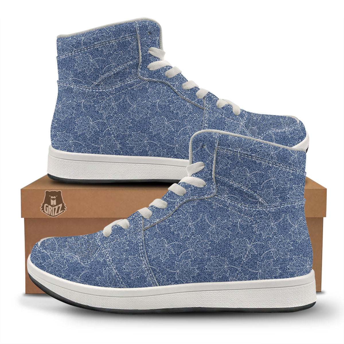 Denim Jeans Maple Leaf Print Pattern High Top Sneakers-grizzshop
