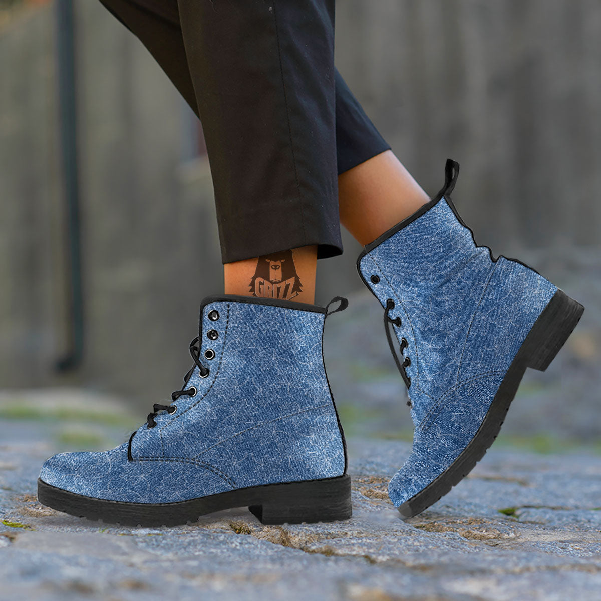 Denim Jeans Maple Leaf Print Pattern Leather Boots-grizzshop