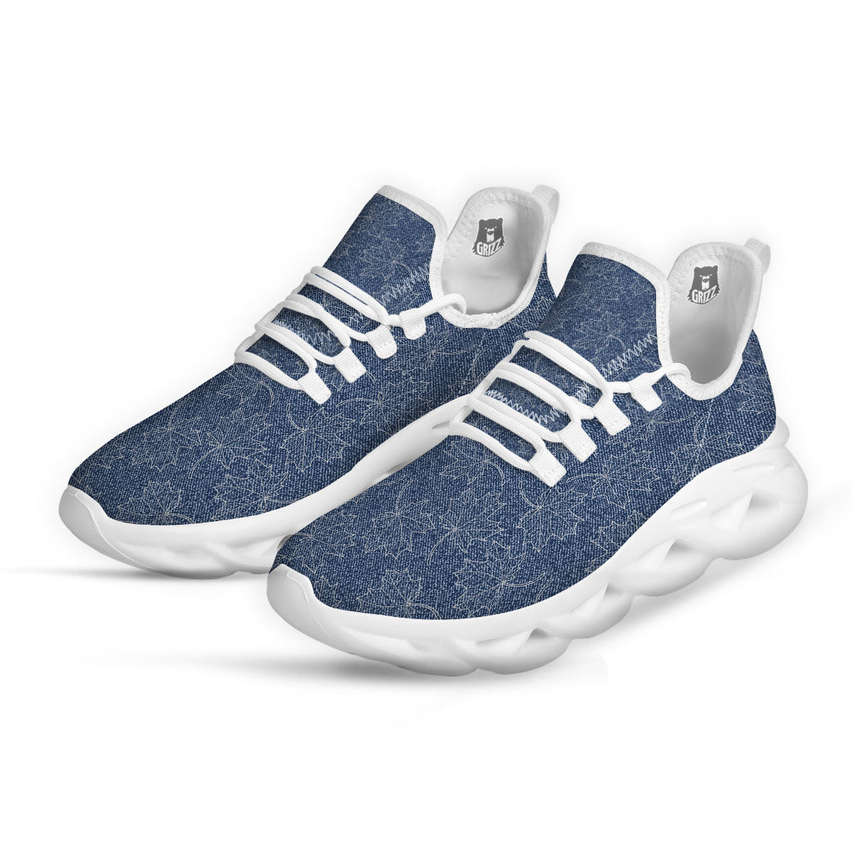 Denim Jeans Maple Leaf Print Pattern White Running Shoes-grizzshop
