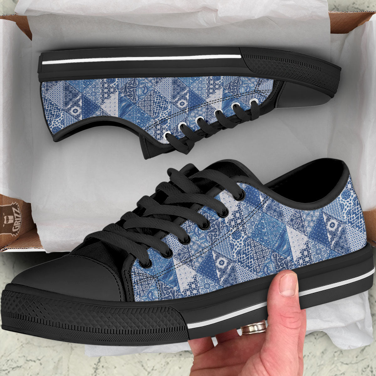 Denim Jeans Patchwork Print Pattern Black Low Top Shoes-grizzshop