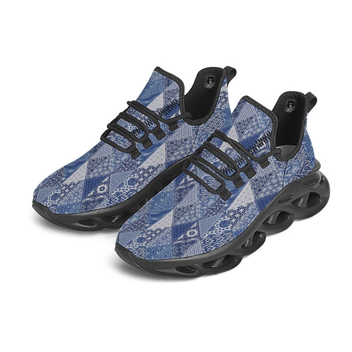 Denim Jeans Patchwork Print Pattern Black Running Shoes-grizzshop
