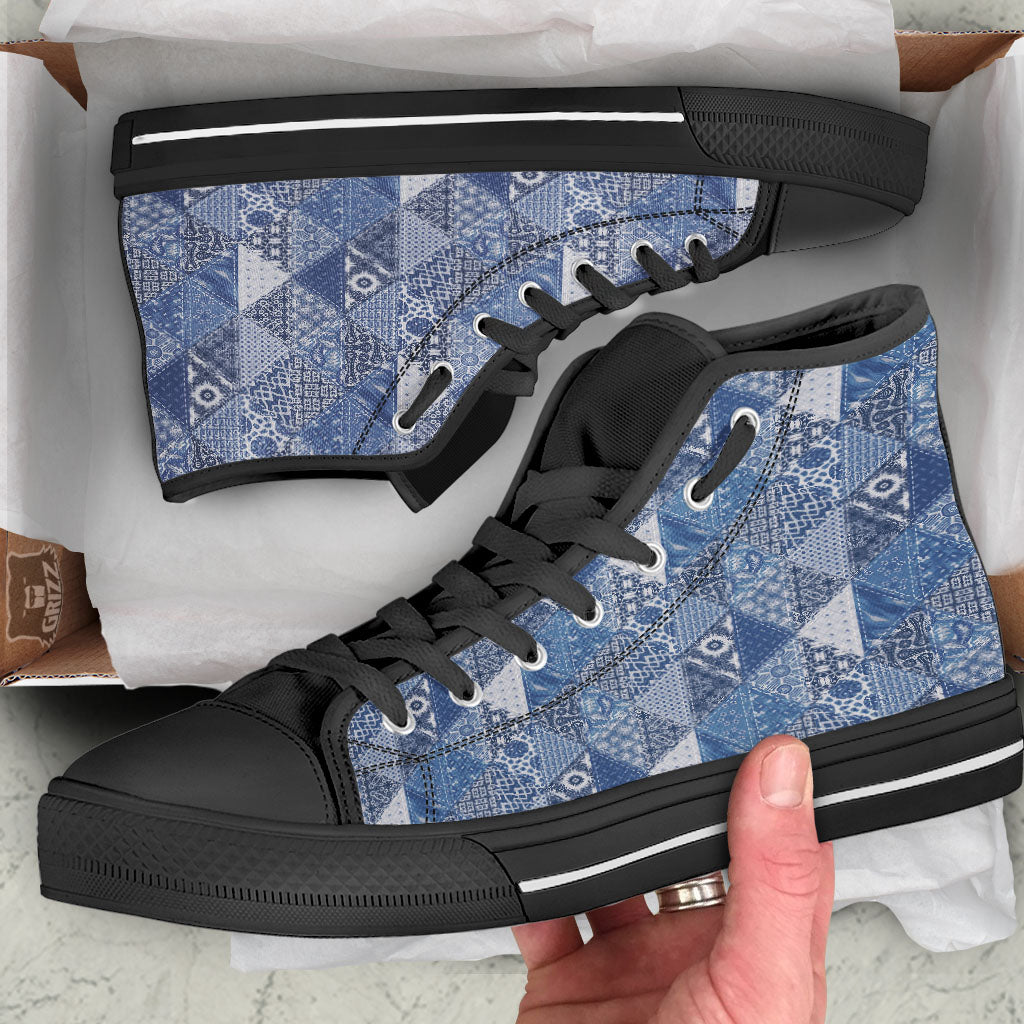 Denim Jeans Patchwork Print Pattern High Top Shoes-grizzshop