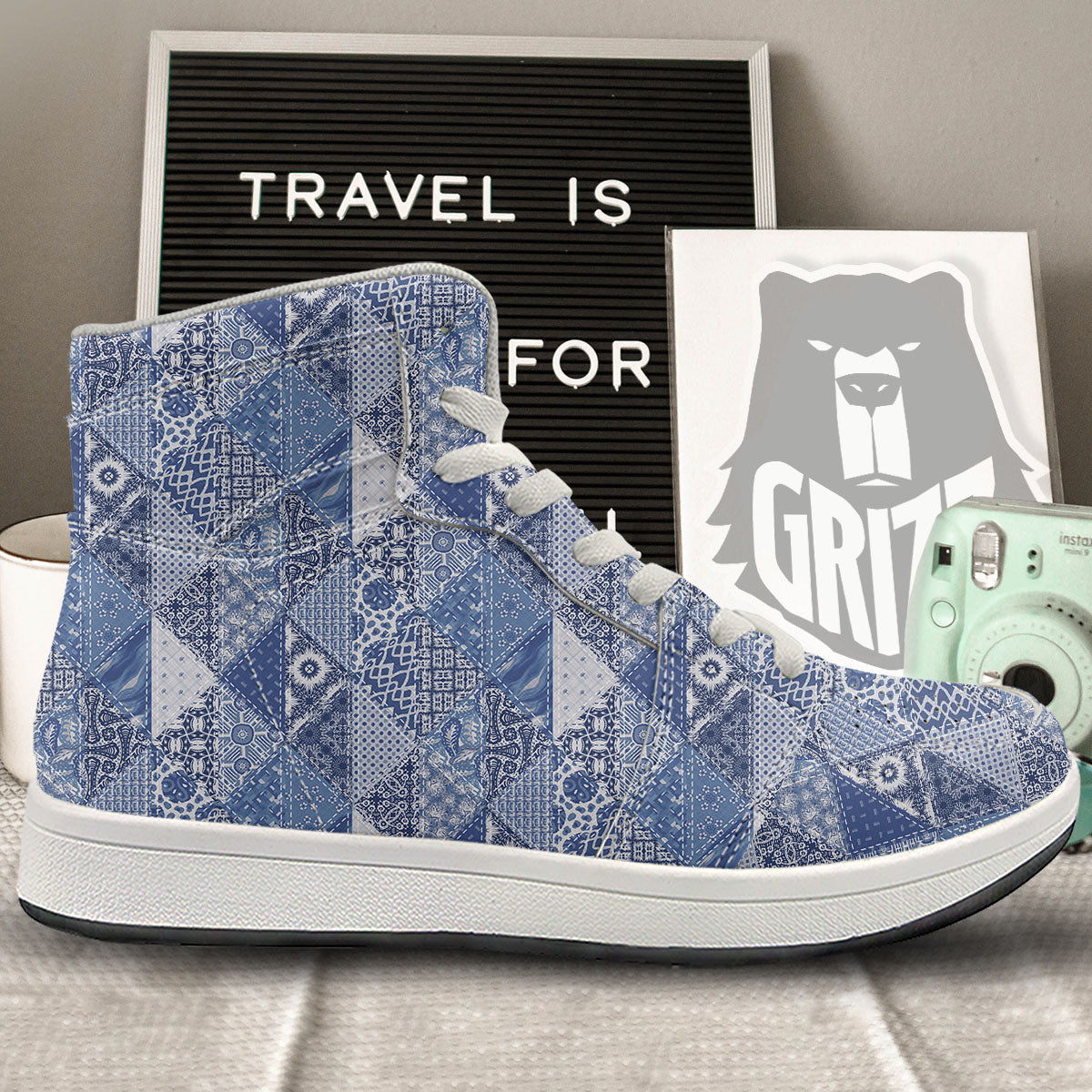 Denim Jeans Patchwork Print Pattern High Top Sneakers-grizzshop